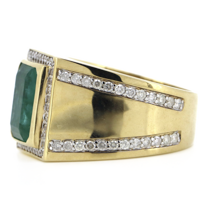 Yellow Gold 4.84ct Colombian Emerald and Diamond Gents Ring
