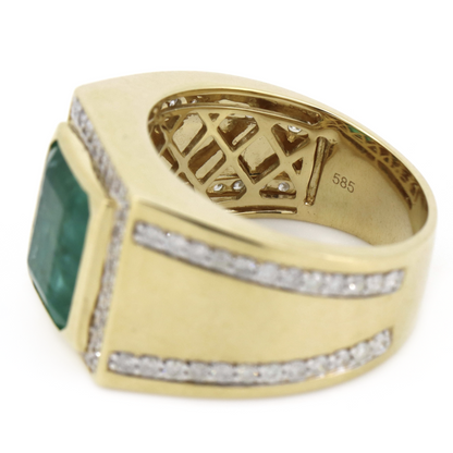 Yellow Gold 4.84ct Colombian Emerald and Diamond Gents Ring