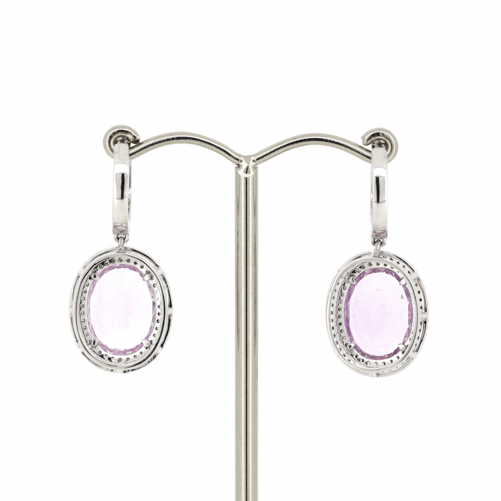 10.55ct White Gold Kunzite and Diamond Double Halo Drop Earrings