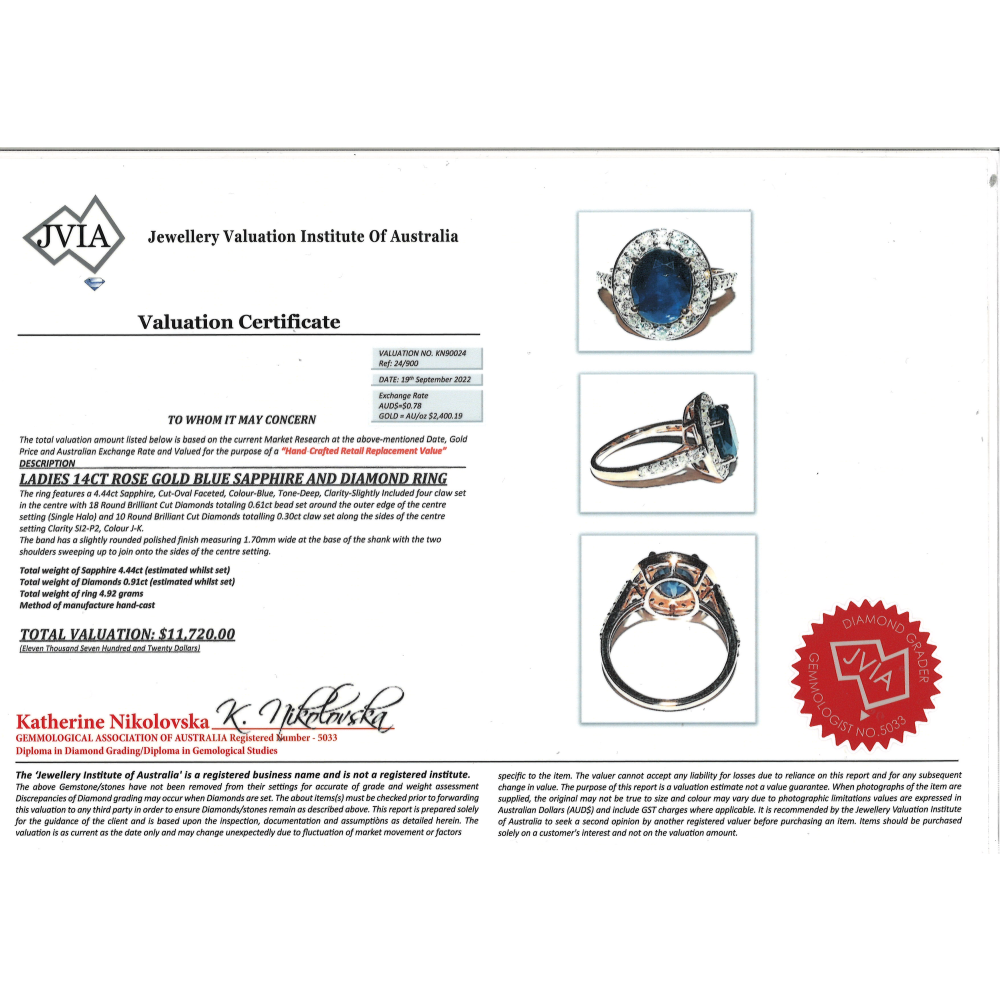 4.44ct Rose Gold Blue Sapphire and Diamond Halo Dress Ring