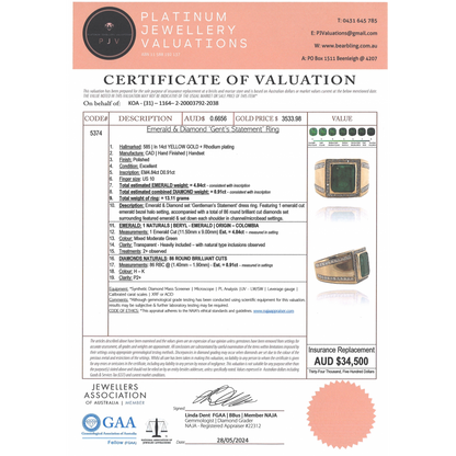 Yellow Gold 4.84ct Colombian Emerald and Diamond Gents Ring