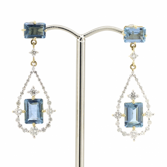 14K Yellow Gold Aquamarine and Diamond Double Drop Earrings