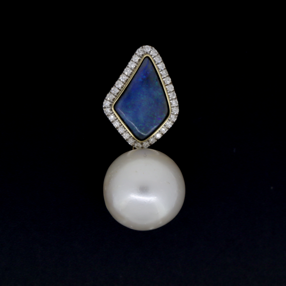 South Sea Pearl, Lightning Ridge Opal, and Diamond Drop Pendant