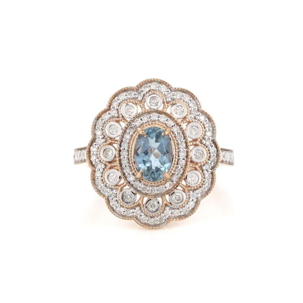 Rose Gold Aquamarine and Diamond Double Halo Statement Ring