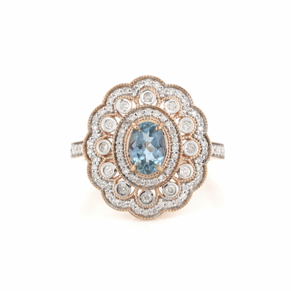 Rose Gold Aquamarine and Diamond Double Halo Statement Ring