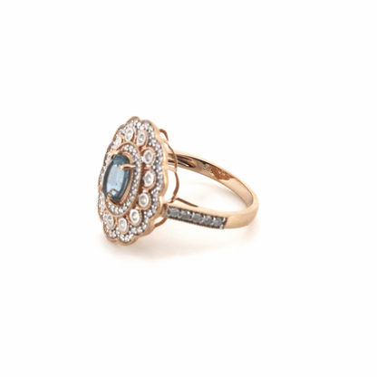 Rose Gold Aquamarine and Diamond Double Halo Statement Ring