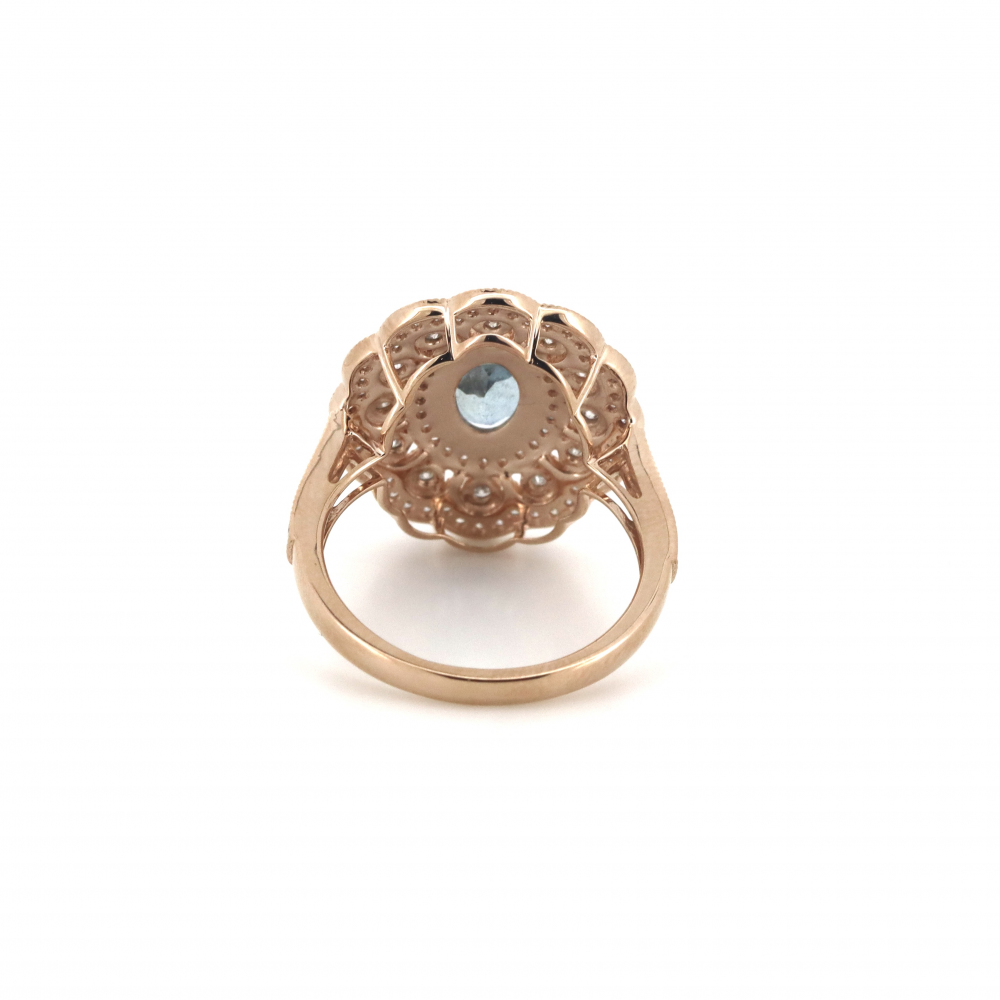 Rose Gold Aquamarine and Diamond Double Halo Statement Ring