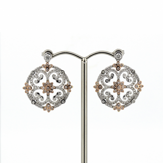 White/Rose Gold Blush Pink Diamond Floral Design Stud Drop Earrings