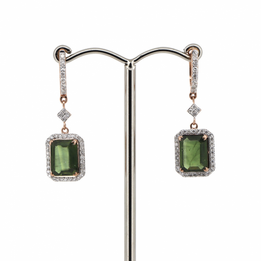 Elegant Green Sapphire and Diamond Halo Drop Earrings