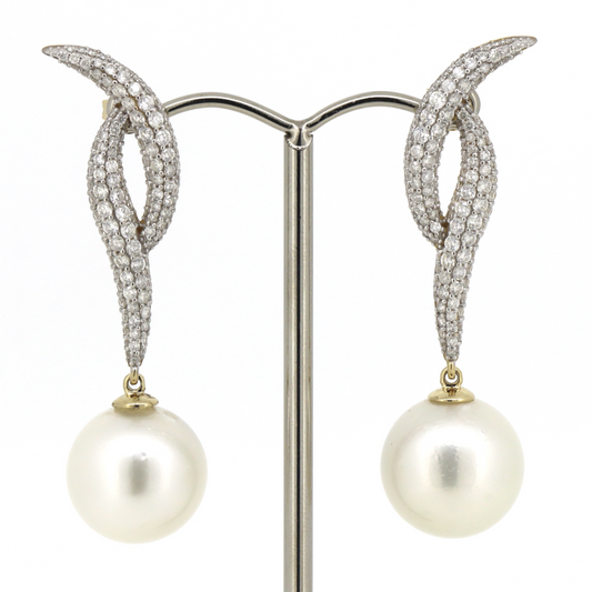 Yellow Gold, White Cultured South Sea Pearl and Diamond, Drop Earrings