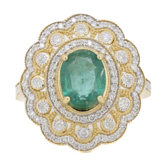Yellow Gold Emerald and Diamond Double Halo Statement Ring