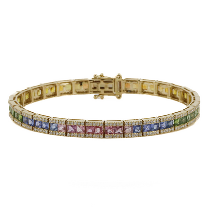 Yellow Gold Multi-Coloured Sapphire and Diamond Line Bracelet