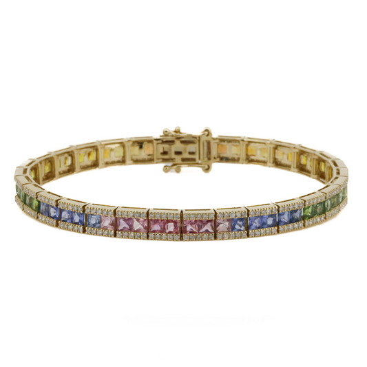 Yellow Gold Multi-Coloured Sapphire and Diamond Line Bracelet