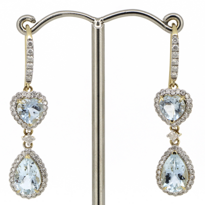 Yellow Gold Aquamarine & Diamond Halo Drop Earrings
