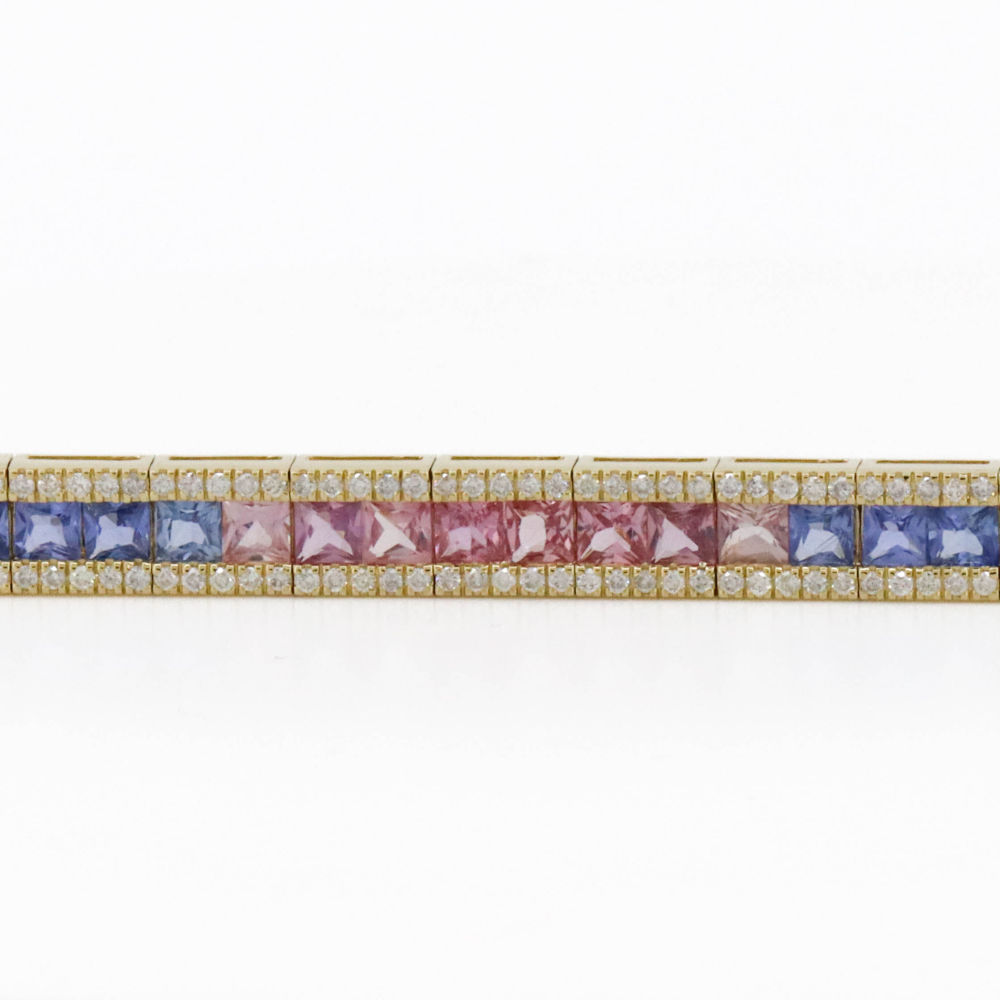 Yellow Gold Multi-Coloured Sapphire and Diamond Line Bracelet