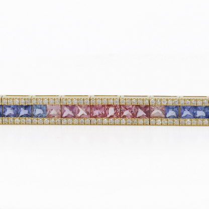 Yellow Gold Multi-Coloured Sapphire and Diamond Line Bracelet