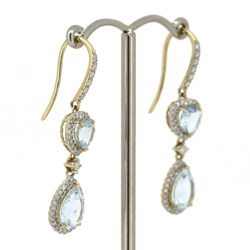 Yellow Gold Aquamarine & Diamond Halo Drop Earrings