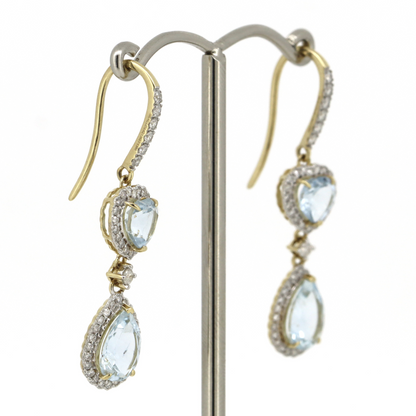 Yellow Gold Aquamarine & Diamond Halo Drop Earrings