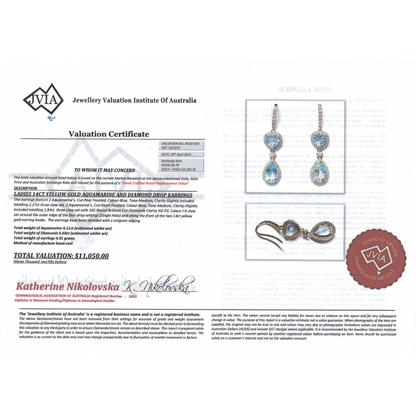 Yellow Gold Aquamarine & Diamond Halo Drop Earrings