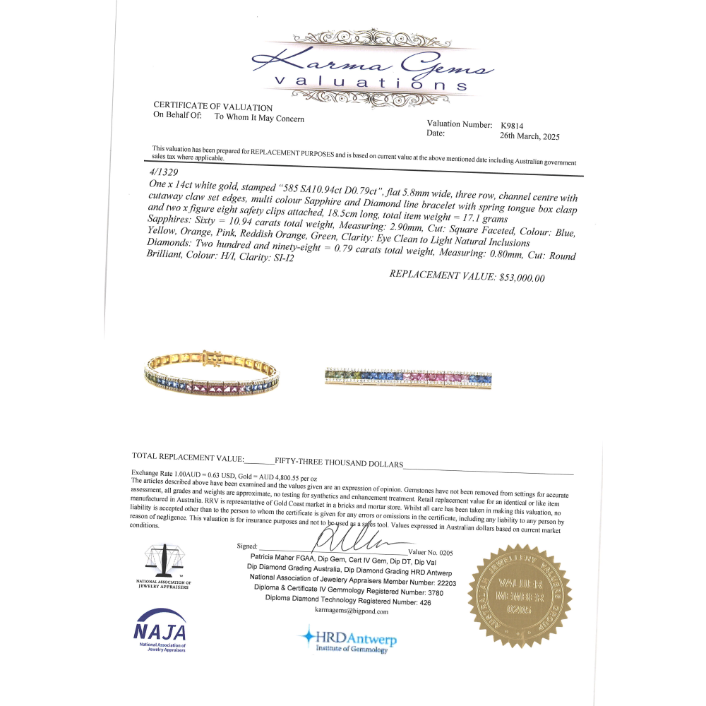 Yellow Gold Multi-Coloured Sapphire and Diamond Line Bracelet