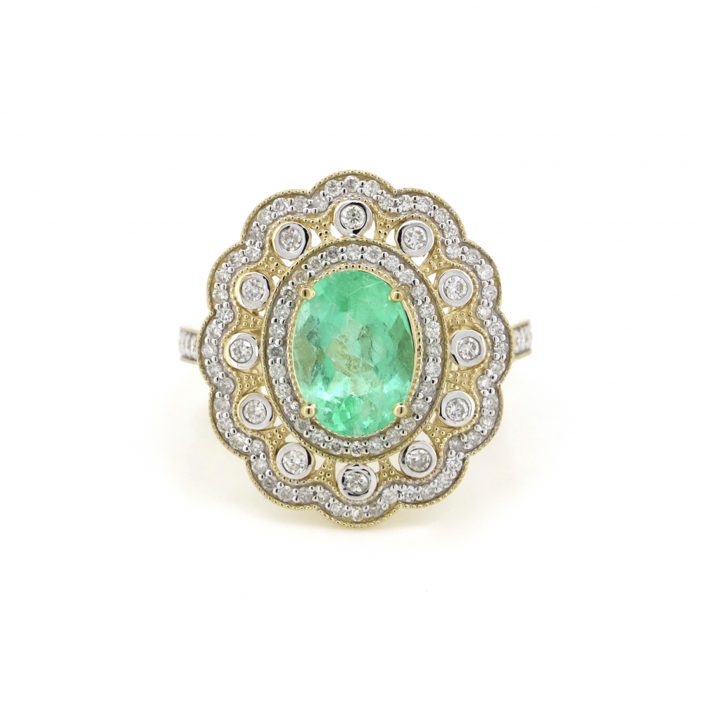 Yellow Gold Emerald and Diamond Double Halo Statement Ring