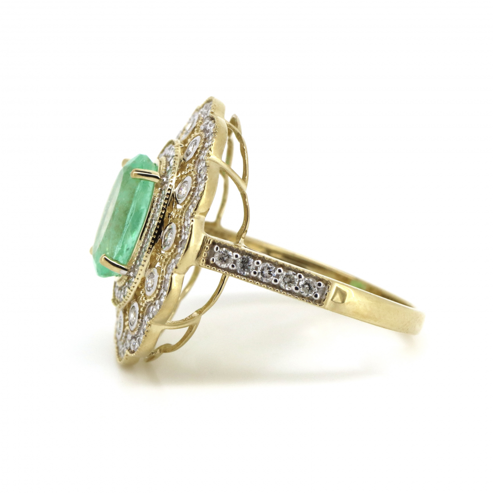 Yellow Gold Emerald and Diamond Double Halo Statement Ring