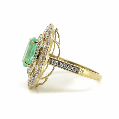 Yellow Gold Emerald and Diamond Double Halo Statement Ring