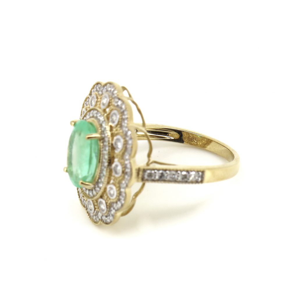 Yellow Gold Emerald and Diamond Double Halo Statement Ring