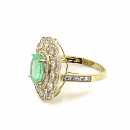 Yellow Gold Emerald and Diamond Double Halo Statement Ring