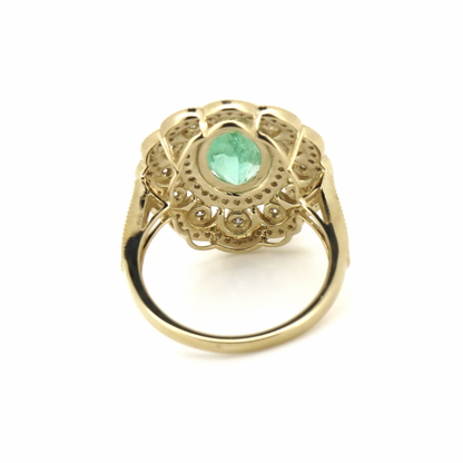 Yellow Gold Emerald and Diamond Double Halo Statement Ring