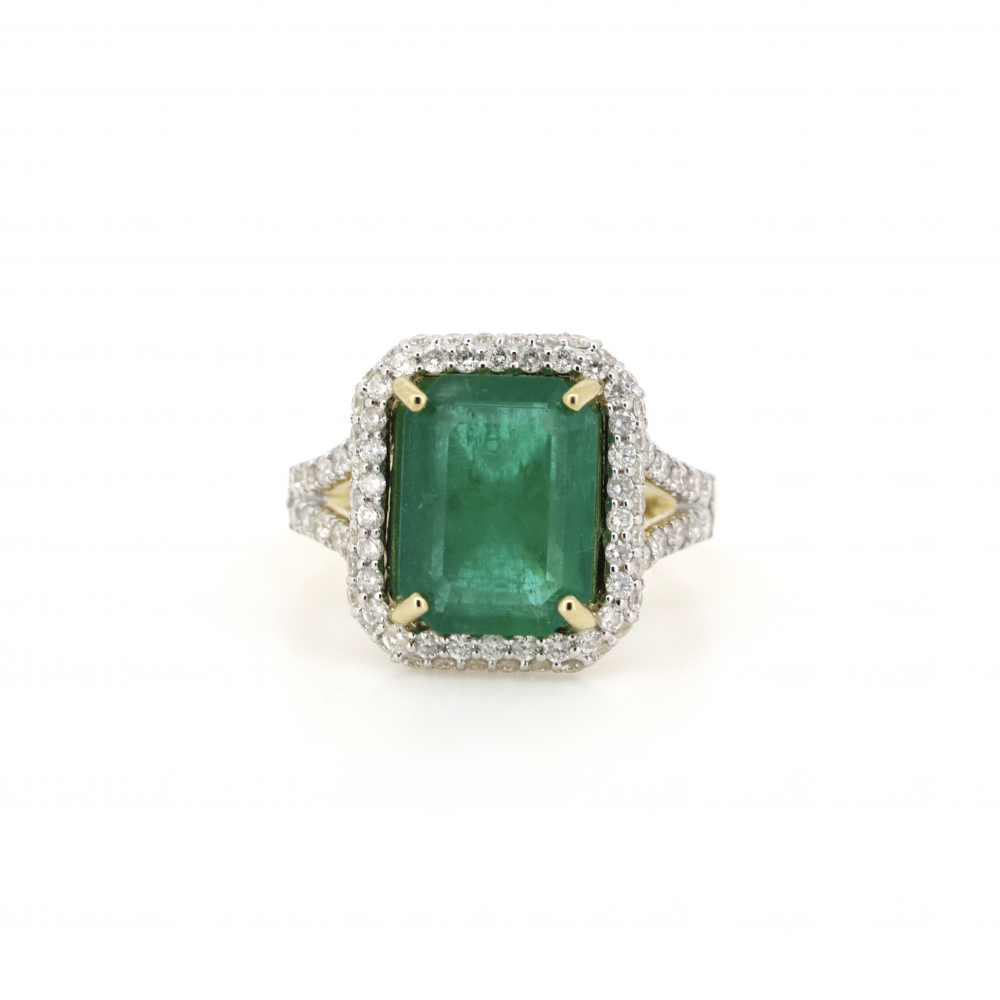 Yellow/White Gold Emerald and Diamond Halo Split Band Ring