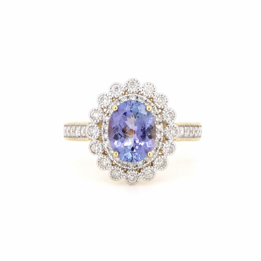 Exquisite Tanzanite and Diamond Double Halo Ring