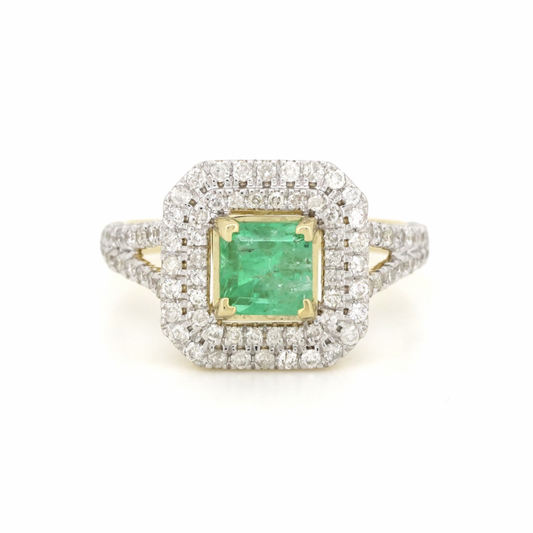 Yellow Gold Colombian Emerald and Diamond Double Halo Ring