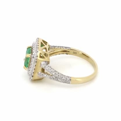 Yellow Gold Colombian Emerald and Diamond Double Halo Ring