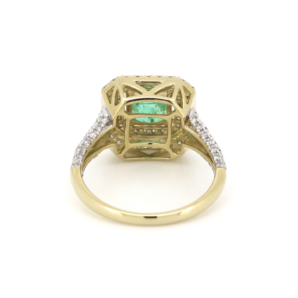 Yellow Gold Colombian Emerald and Diamond Double Halo Ring