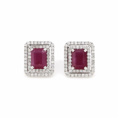 Ruby and Diamond, Double Halo Stud Earrings