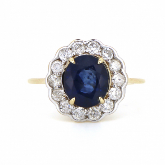 Blue Sapphire and Diamond Halo Ring