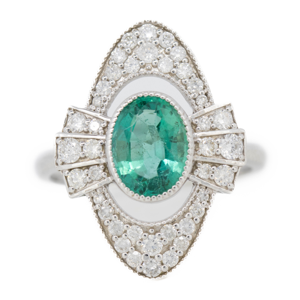 1.51ct White Gold Emerald and Diamond Art Deco Inspired Ring