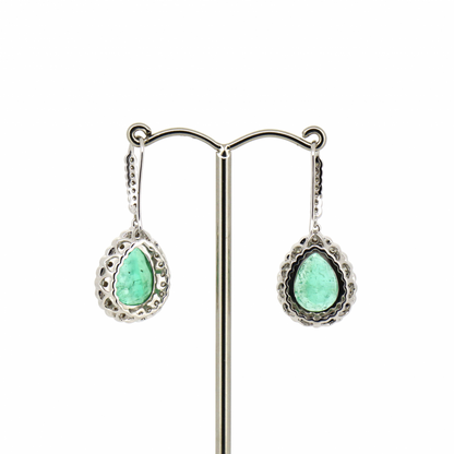 18K White Gold 7.72ct TSW Colombian Emerald and Diamond Halo Drop Earrings