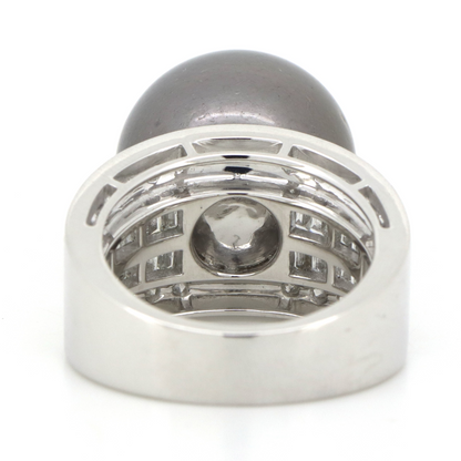 White Gold, Grey Cultured Tahitian Pearl and Diamond, Cocktail Ring