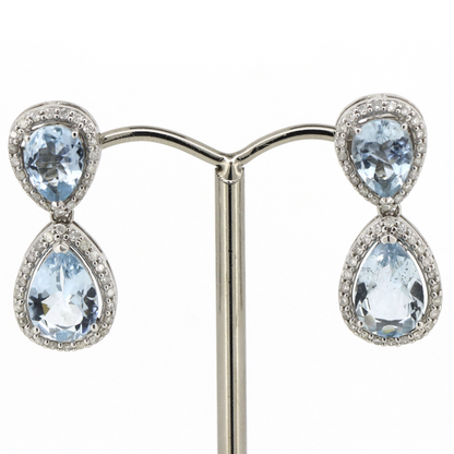 3.34ct TSW White Gold Aquamarine and Diamond Halo Drop Earrings