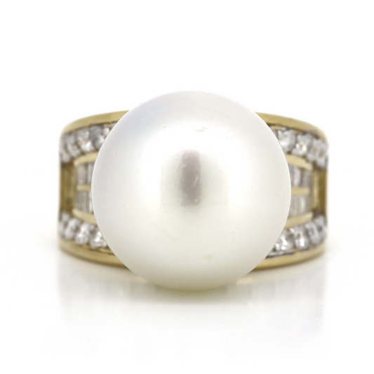 Yellow Gold, White Cultured South Sea Pearl and Diamond, Cocktail Ring