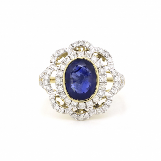 2.92ct Yellow Gold, Blue Ceylon Sapphire and Diamond, Floral Style Halo Ring