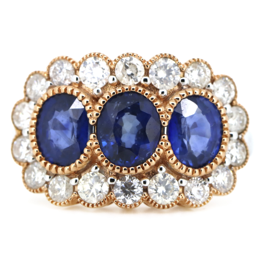 2.79ct White/Rose Gold Blue Sapphire and Diamond Trilogy Style Halo Ring