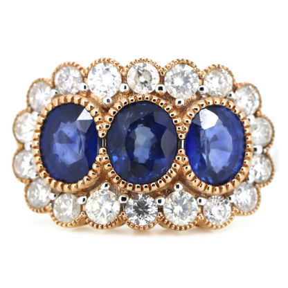 2.79ct White/Rose Gold Blue Sapphire and Diamond Trilogy Style Halo Ring