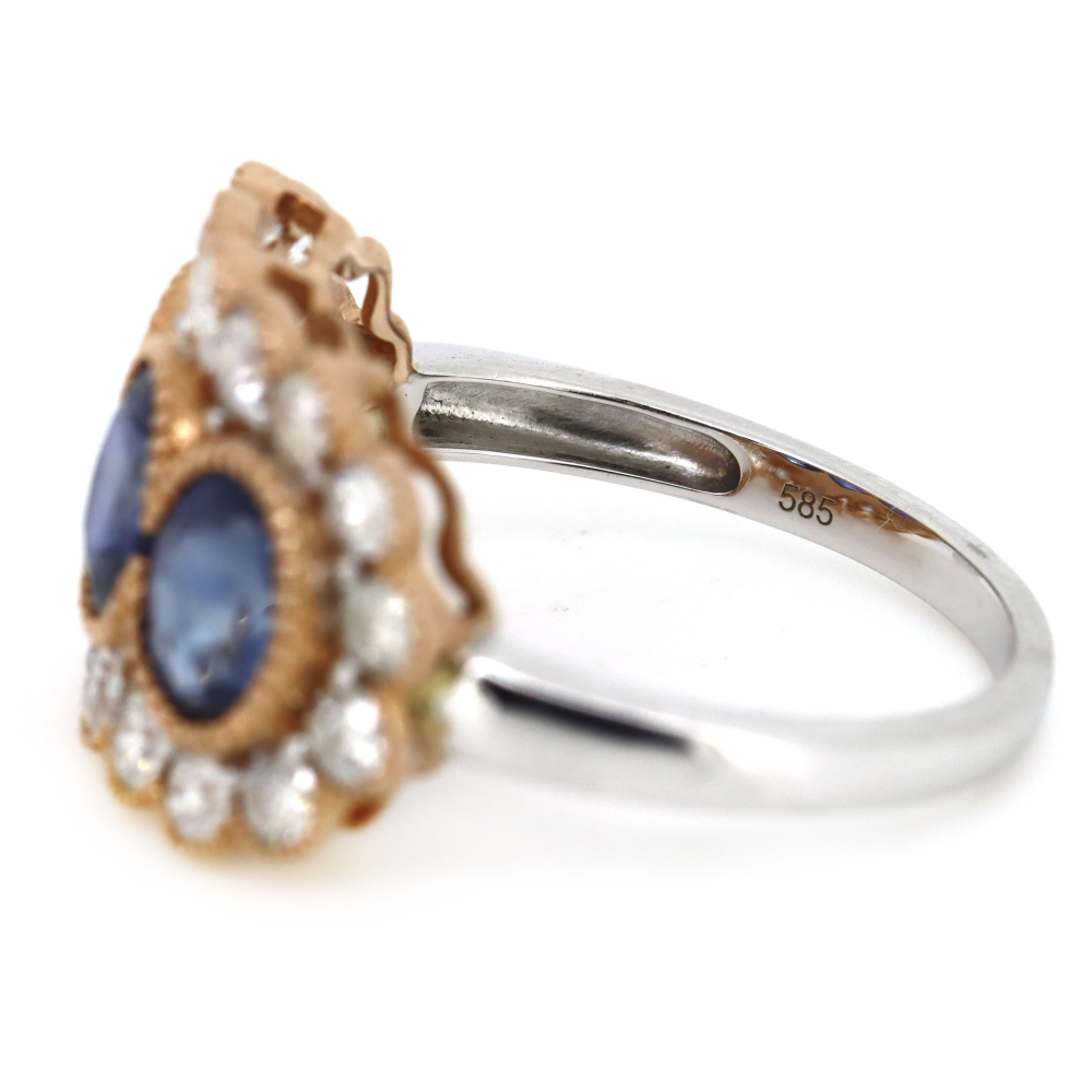 2.79ct White/Rose Gold Blue Sapphire and Diamond Trilogy Style Halo Ring