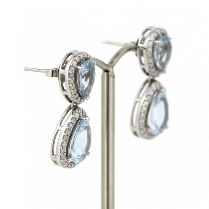 3.34ct TSW White Gold Aquamarine and Diamond Halo Drop Earrings
