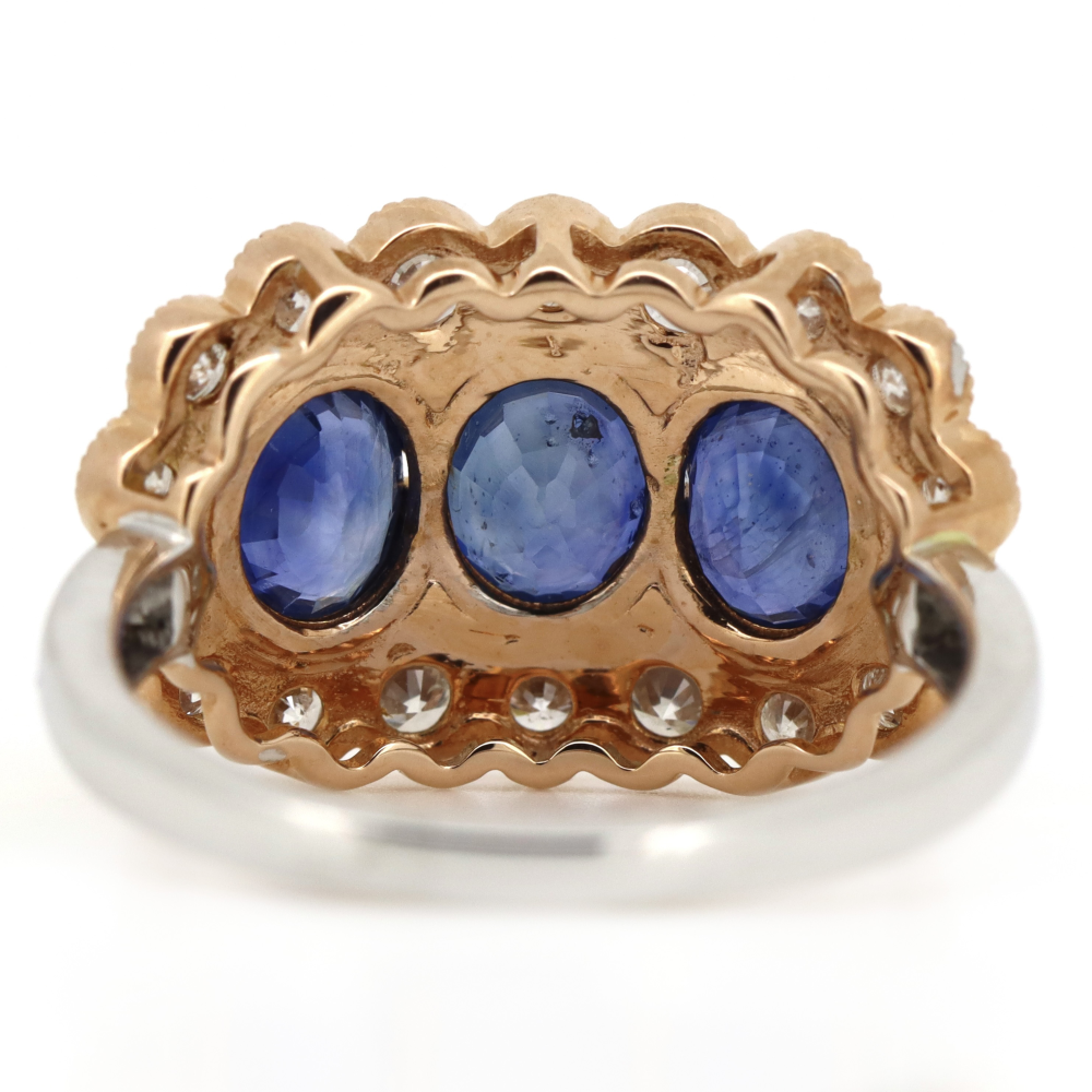 2.79ct White/Rose Gold Blue Sapphire and Diamond Trilogy Style Halo Ring