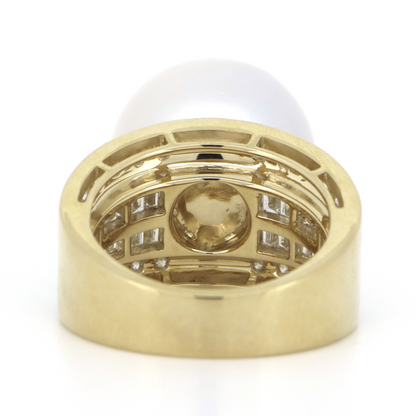 Yellow Gold, White Cultured South Sea Pearl and Diamond, Cocktail Ring