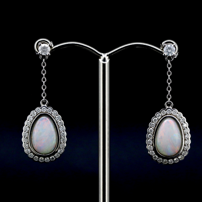 White Gold Andamooka Opal & Diamond Halo Drop Earrings